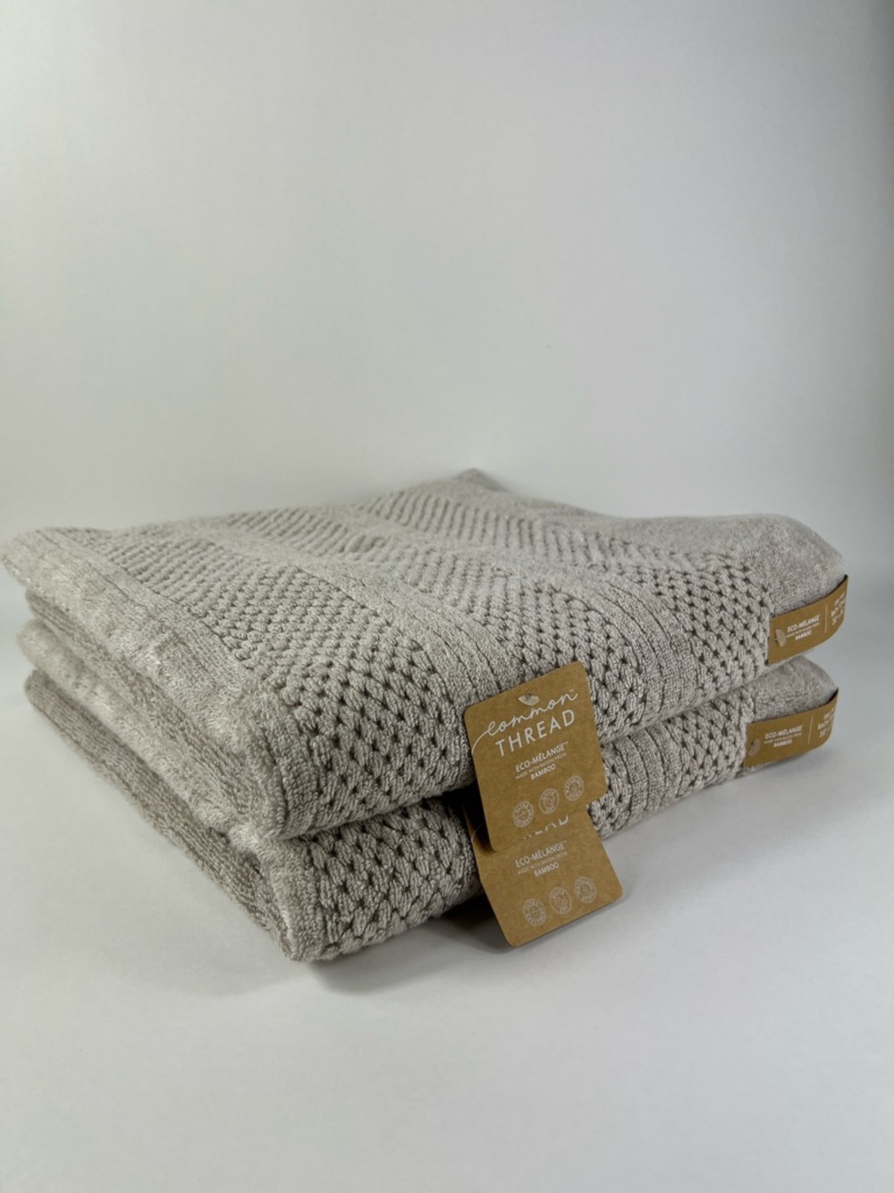 2 PC Common Thread Eco Melange BAMBOO Bath Towels Tan Oversized Zero Twist NEW